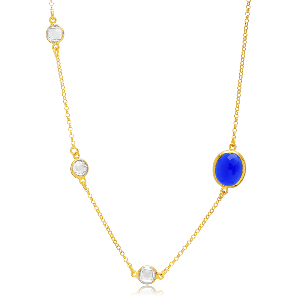 Oval Sapphire Quartz Triple CZ Stone Silver Charm Necklace