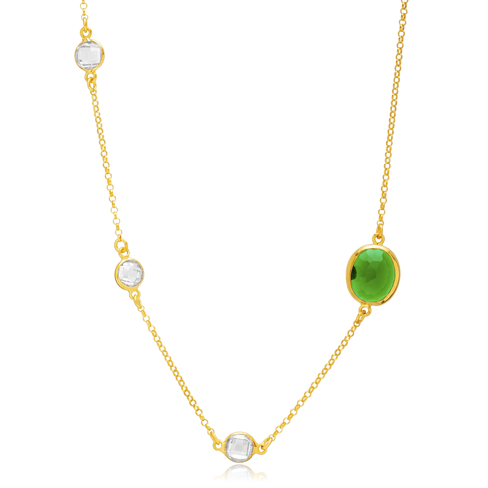 Emerald Quartz with Triple CZ Stone Charm Silver Necklace