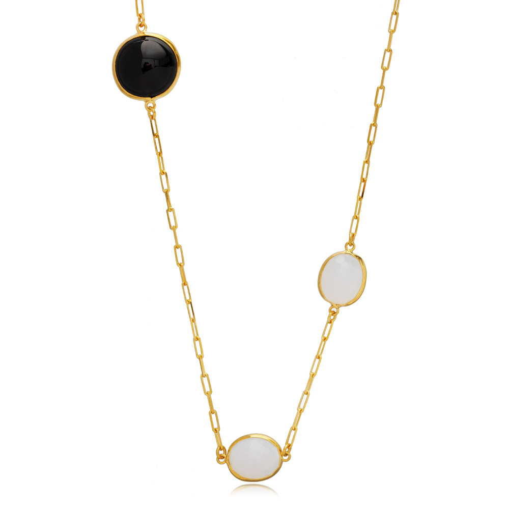 Black and White Quartz 22K Gold Bezel Silver Charm Necklace