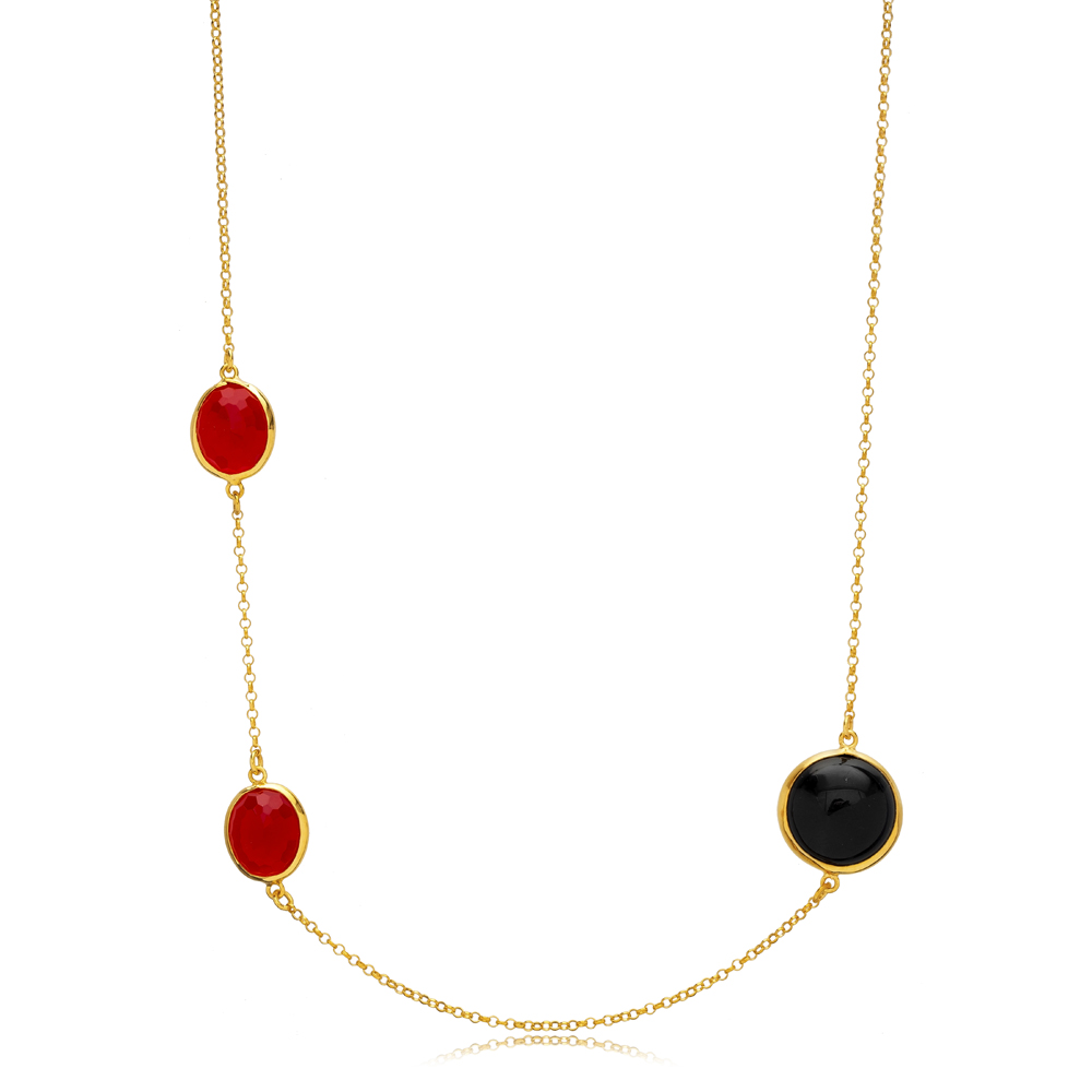 Black and Ruby Quartz 22K Gold Bezel Silver Charm Necklace