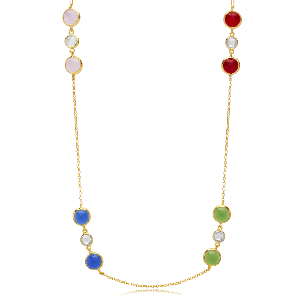 Colorful Quartz Stone 22K Gold Bezel Silver Charm Necklace