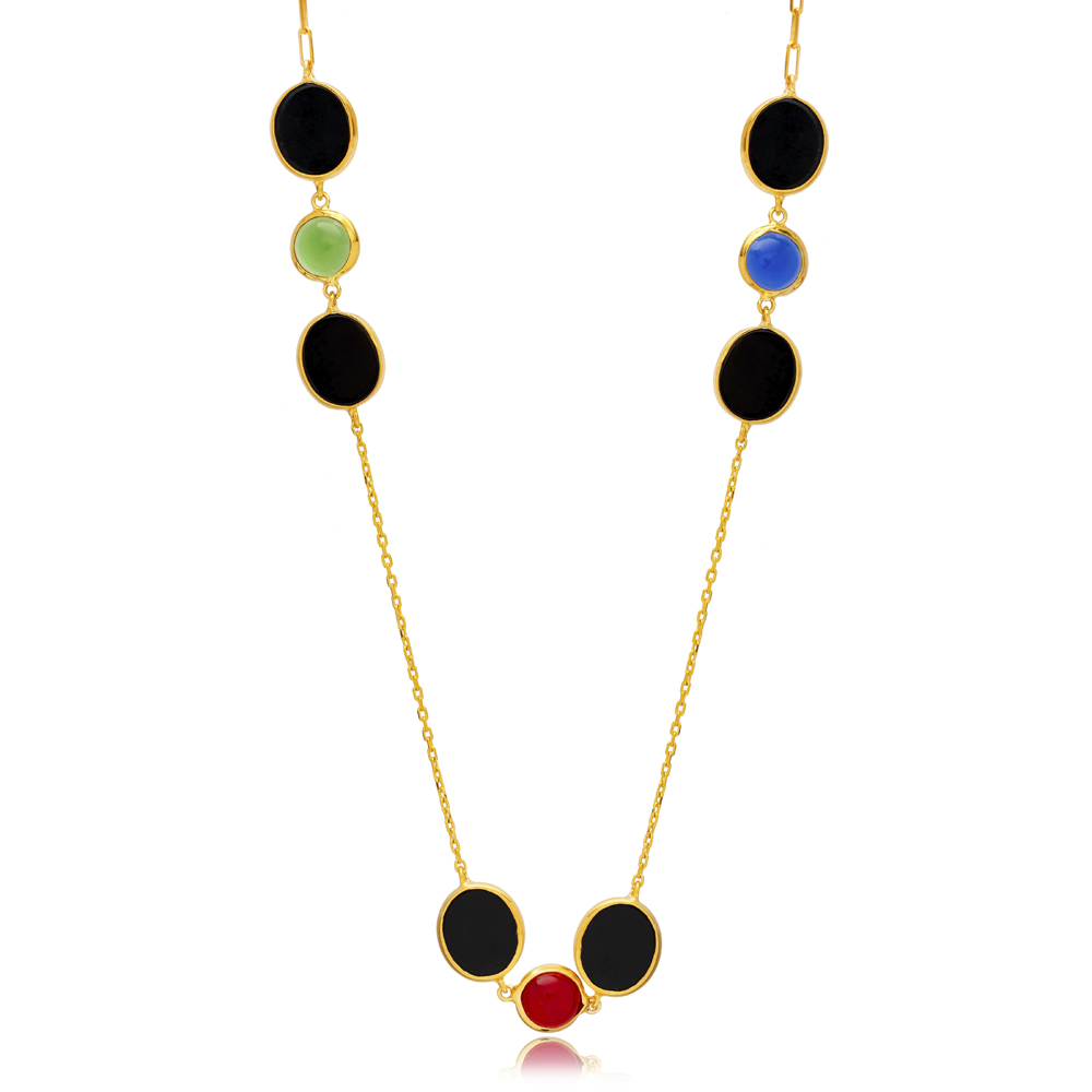 22K Gold Bezel Colorful Quartz Stone 925 Silver Necklace