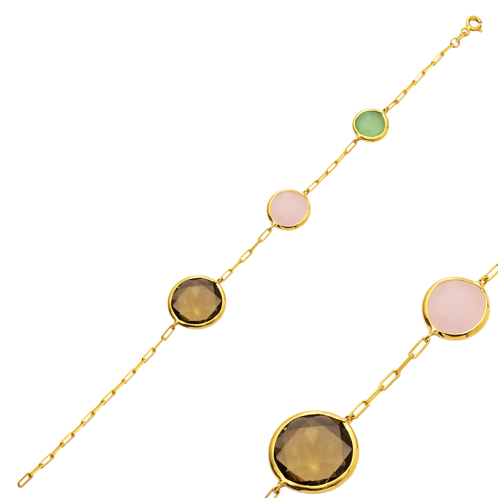 Round Colorful Quartz 22K Gold Bezel Silver Charm Bracelet