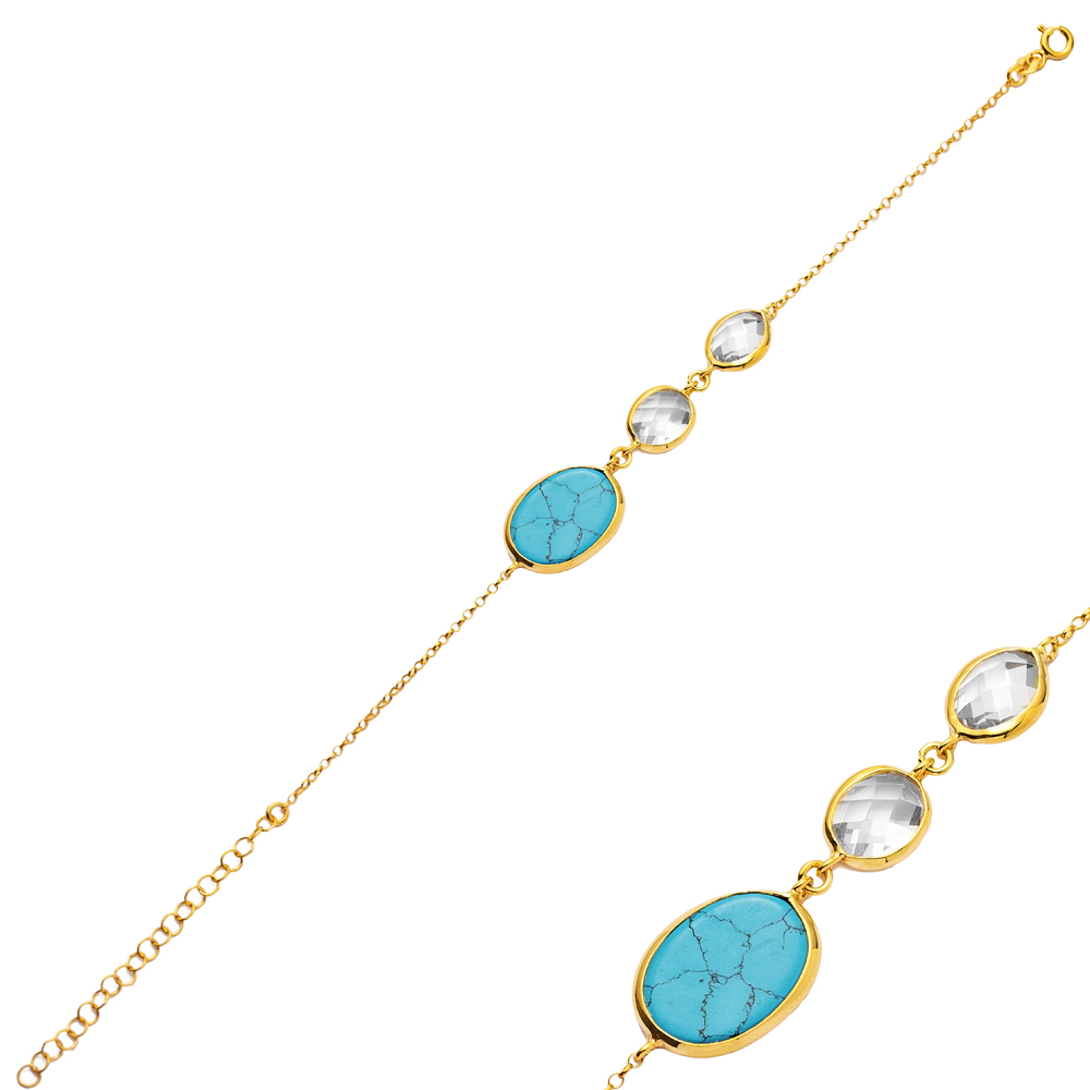 Oval Turquoise Quartz 22K Gold Bezel Silver Charm Bracelet