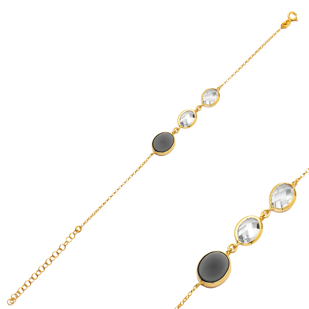 Black Quartz Stone Oval 22K Gold Bezel Silver Charm Bracelet