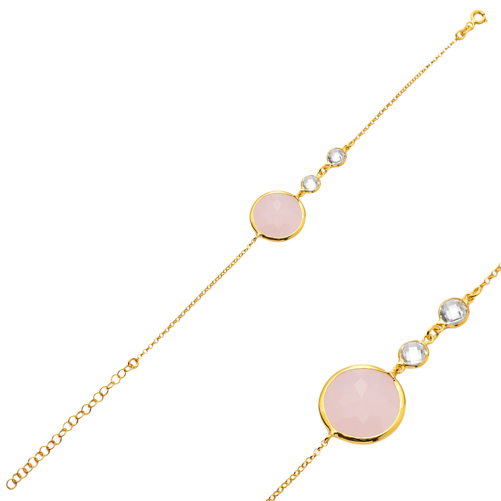 Round Pink Quartz 22K Gold Bezel Silver Charm Bracelet