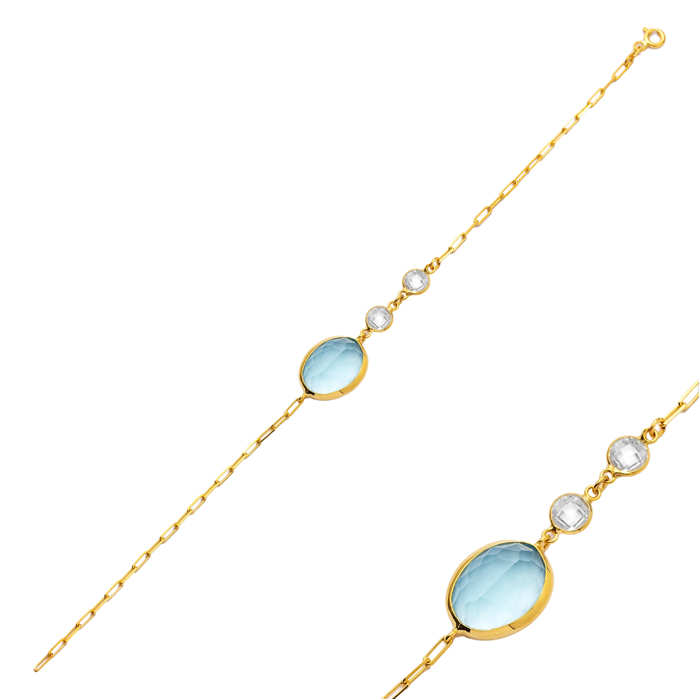 Aquamarine Quartz Oval 22K Gold Bezel Silver Charm Bracelet