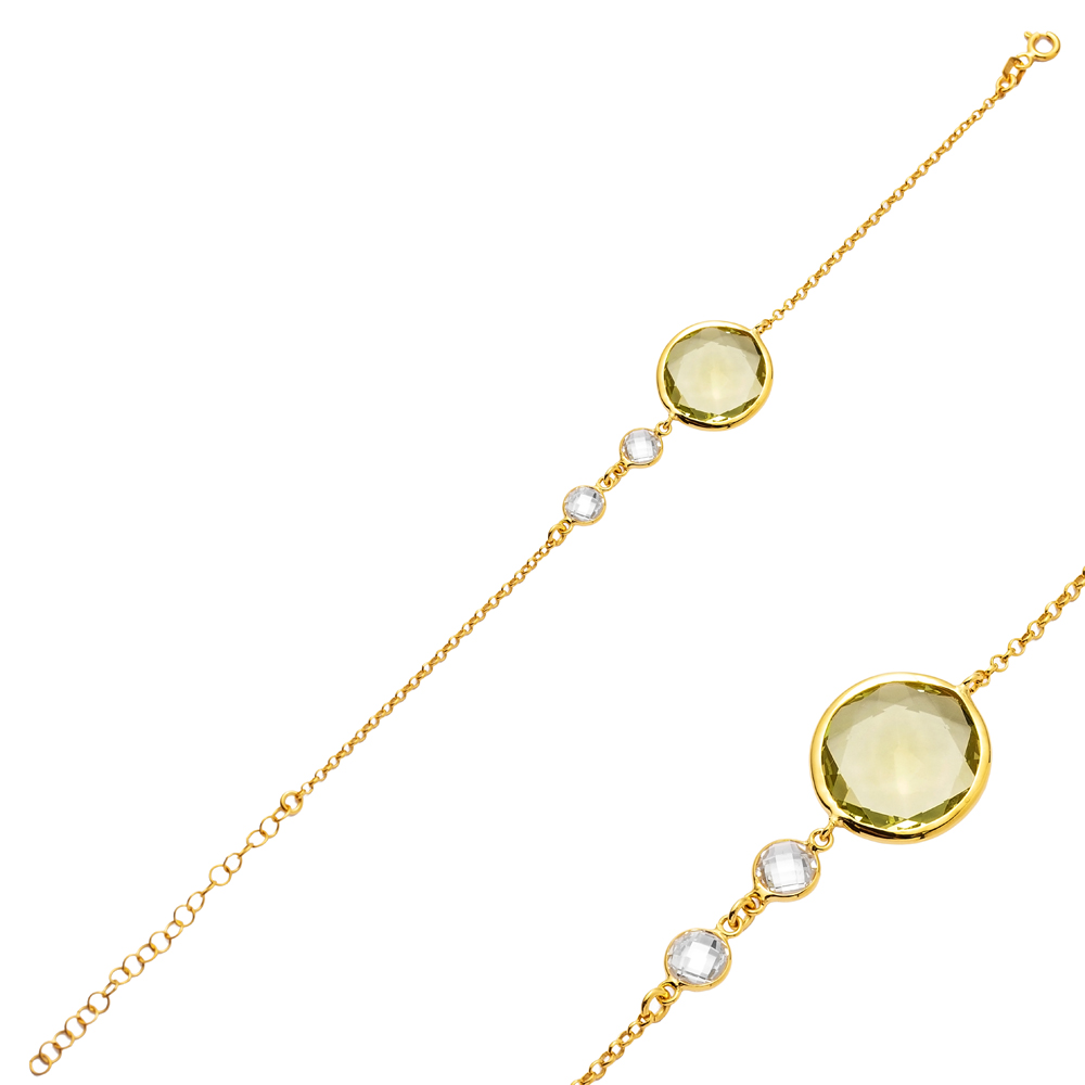 Olive Quartz 22K Gold Bezel Silver Charm Bracelet
