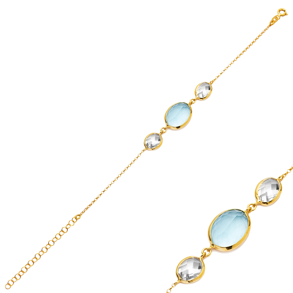 Oval Shape Aquamarine Quartz 22K Gold Bezel Silver Bracelet