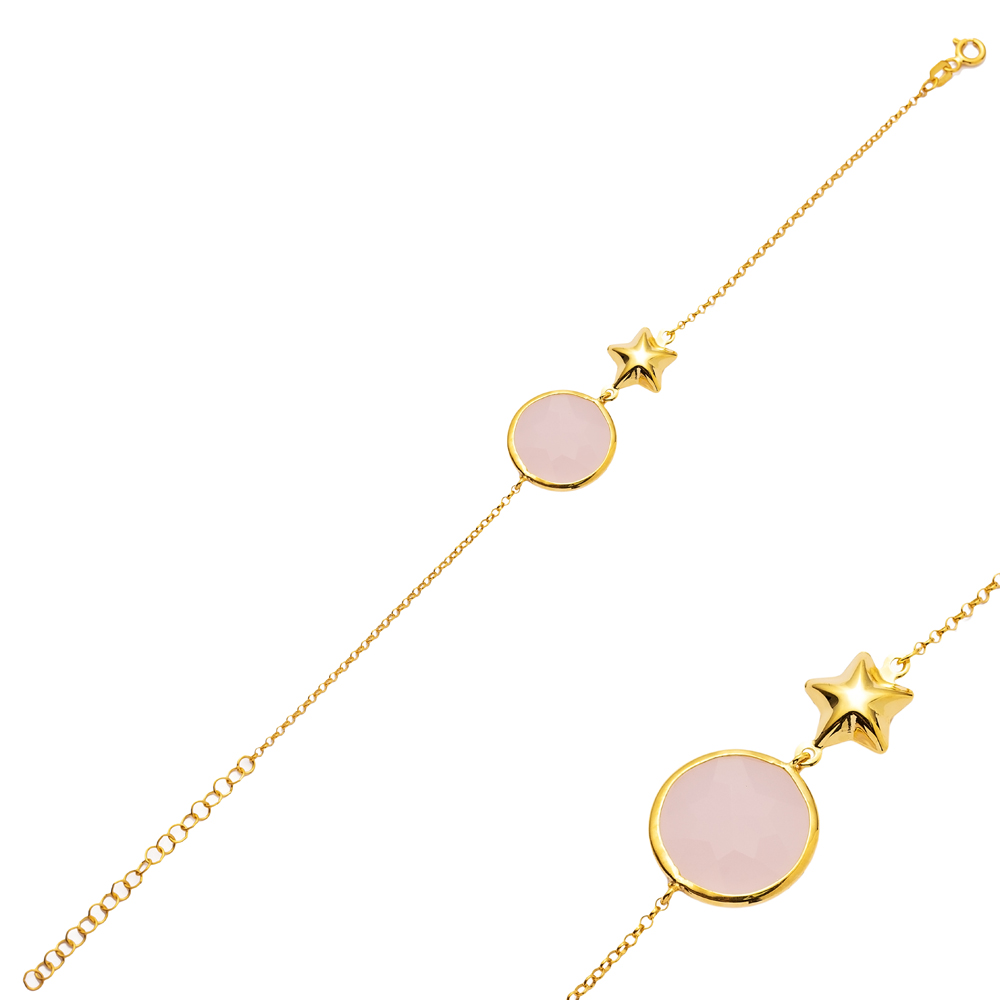 Pink Quartz Round with Star 22K Gold Bezel Silver Bracelet