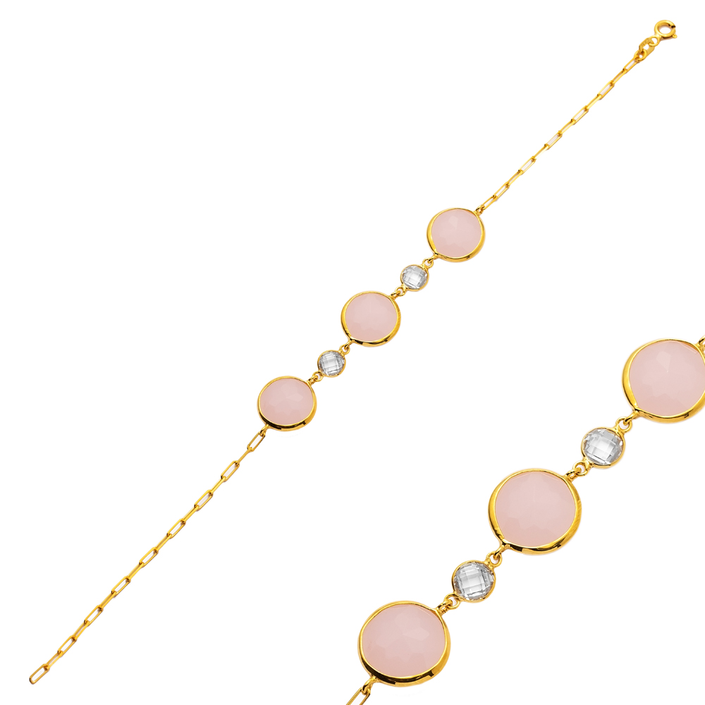 Oval Pink Quartz Three CZ 22K Gold Bezel Silver Bracelet