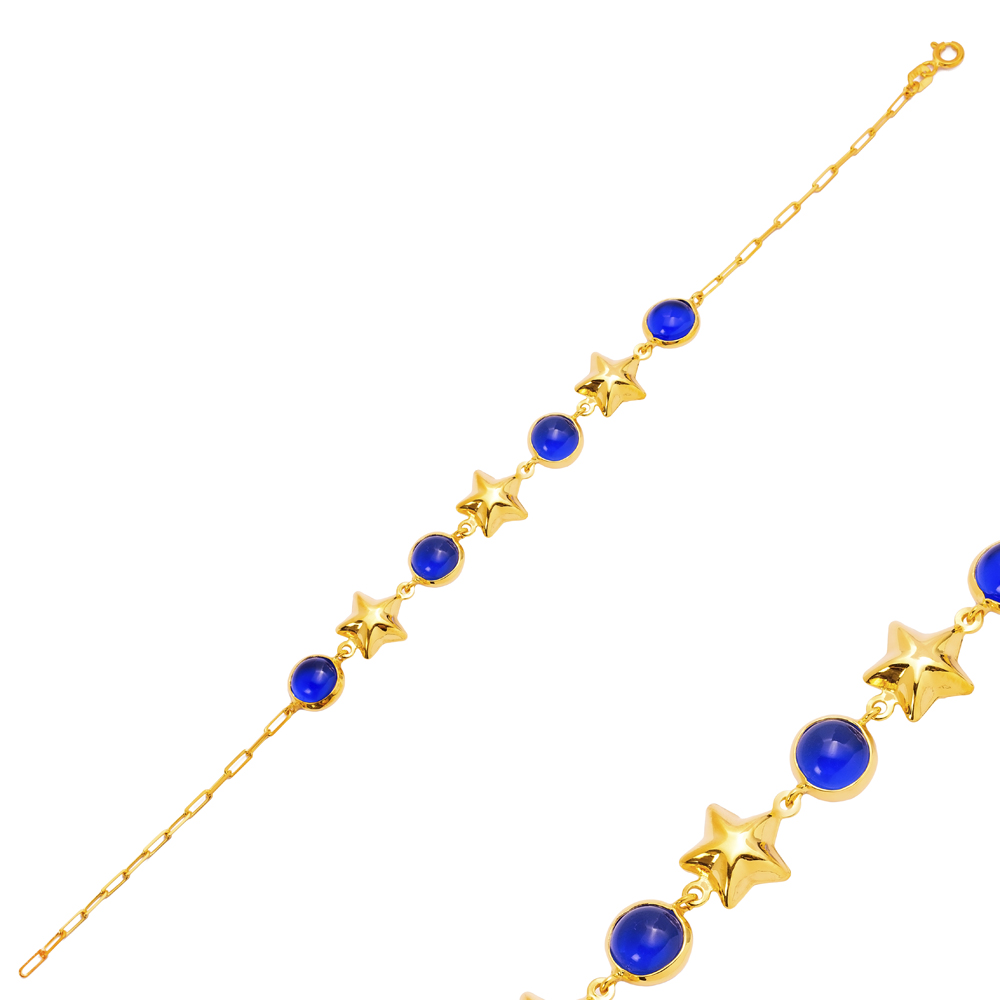 Sapphire Quartz Star Shape 22K Gold Bezel Silver Charm Bracelet