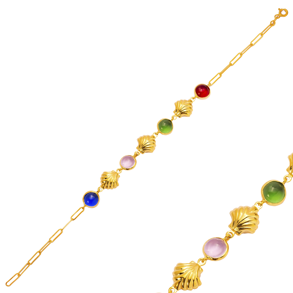 Colorful Quartz Shell 22K Gold Bezel Silver Charm Bracelet