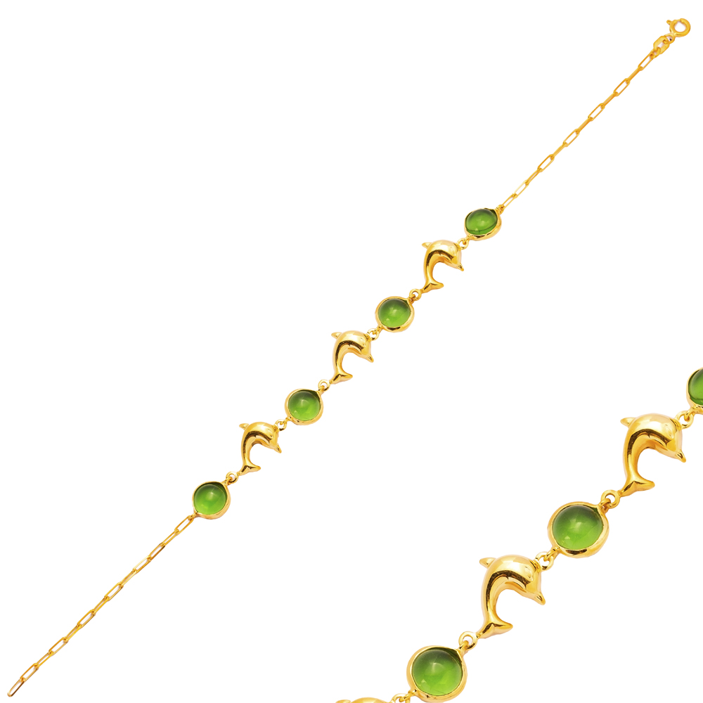 Green Quartz Charm Shape 22K Gold Bezel Silver Bracelet