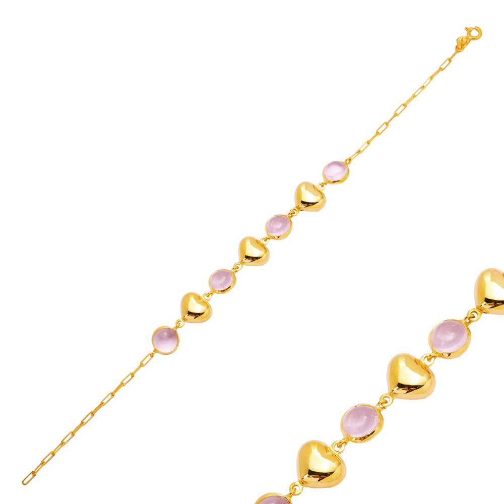 Pink Quartz Heart Plain 22K Gold Bezel Silver Charm Bracelet
