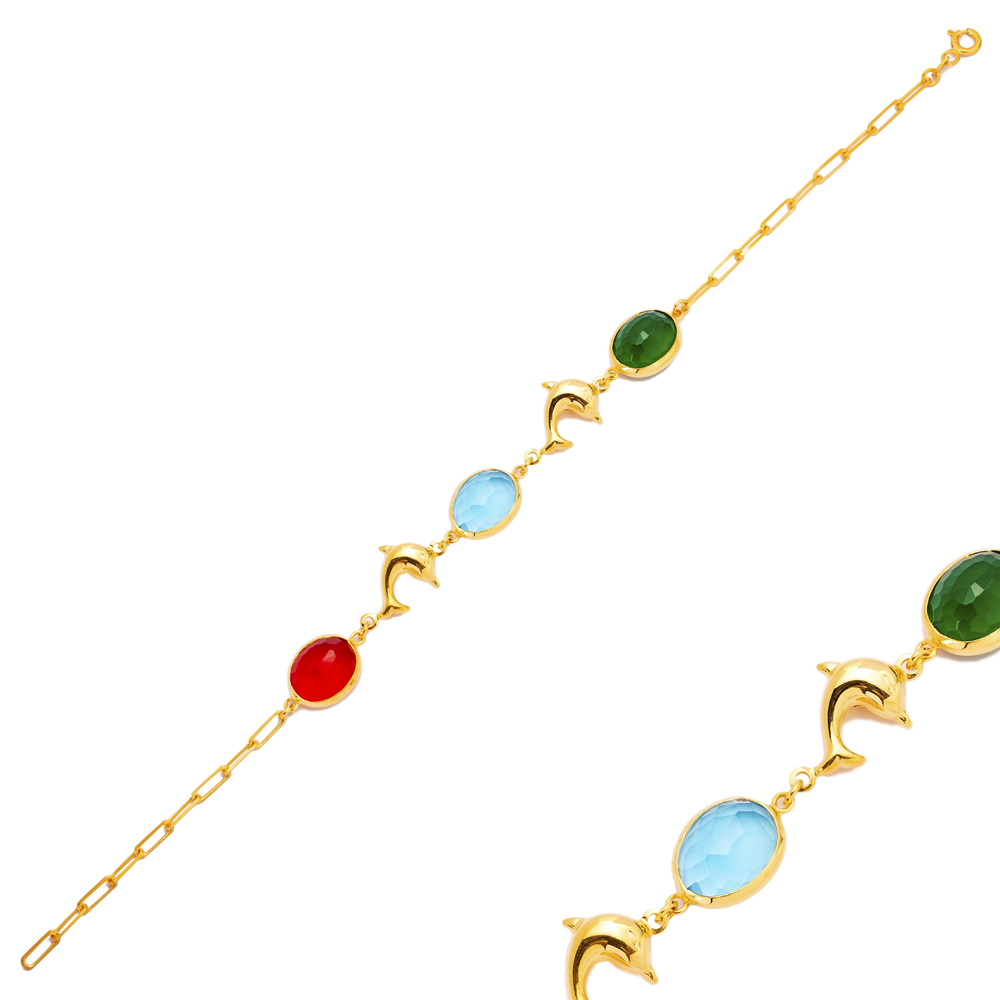 Colorful Quartz Dolphin 22K Gold Bezel Silver Charm Bracelet