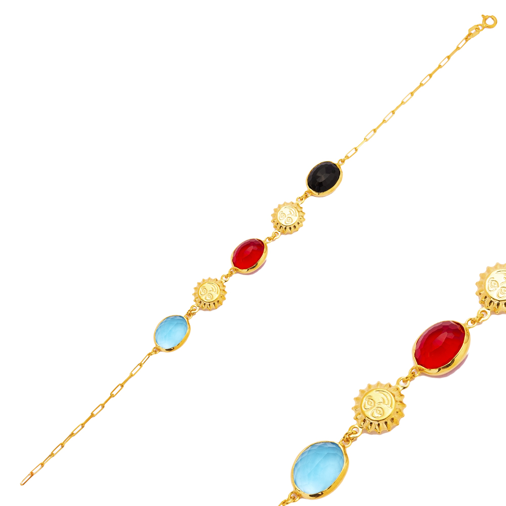 Colorful Quartz with Sun 22K Gold Bezel Silver Charm Bracelet