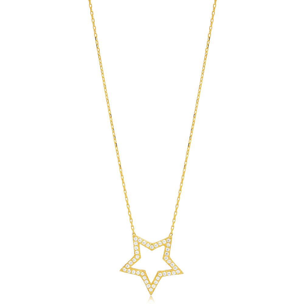 Hollow Star Design CZ Stone Wholesale Silver Charm Necklace