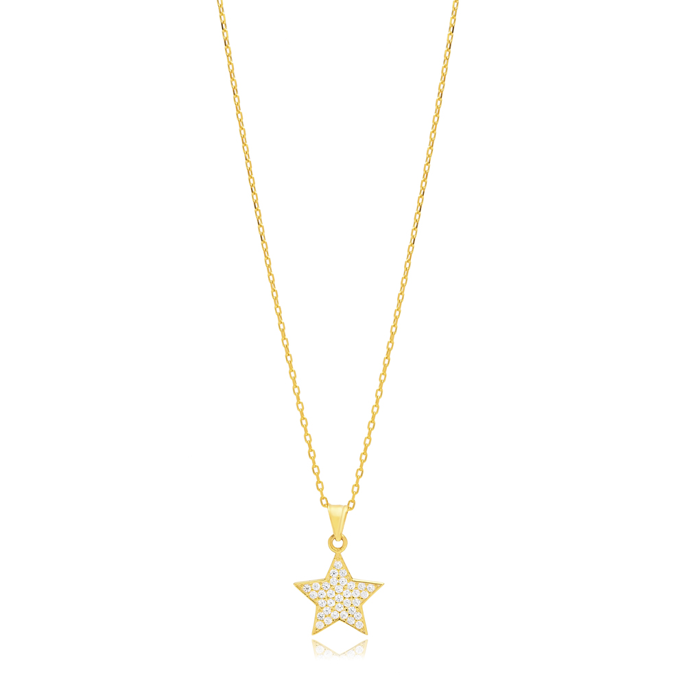 Minimalist Star Design CZ Stone Silver Charm Necklace Pendant