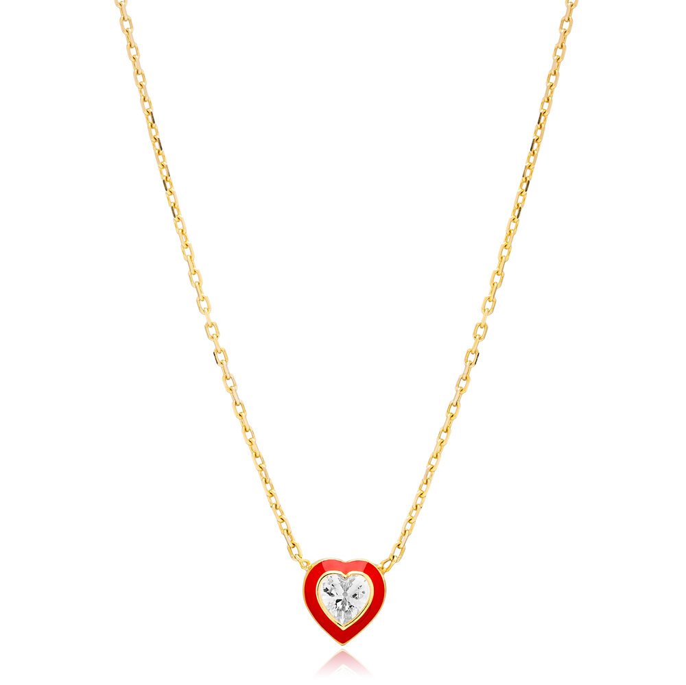 Red Enamel CZ Stone Heart Design Silver Charm Necklace