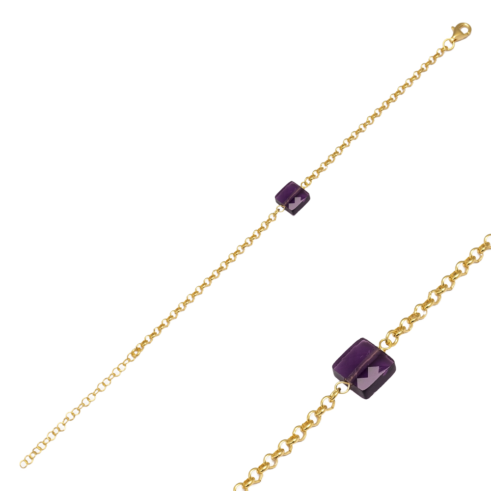 Purple Square Design Charm Bracelet Turkish Silver Jewelry
