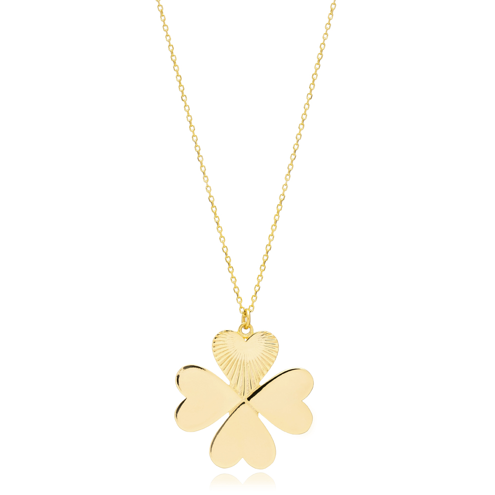 Four Leaf Clover Design Plain Silver Charm Pendant Necklace