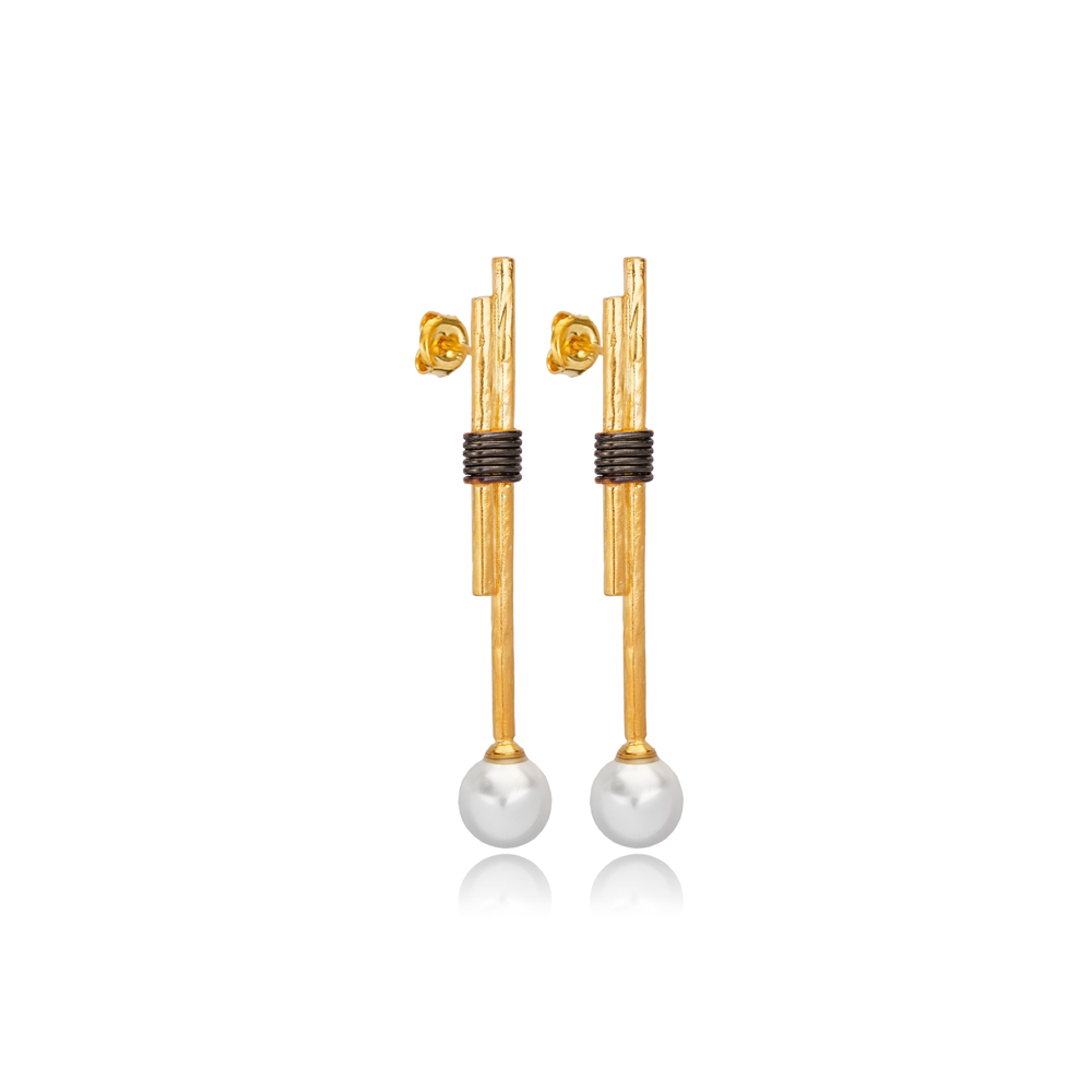 Stick Design with Pearl Hook Earrings 22K Gold Silver Jewelry