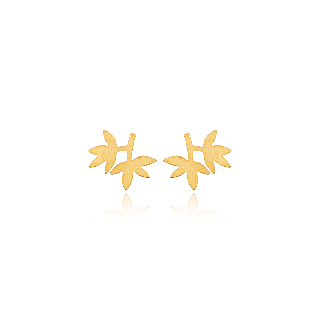 Plain Leaf Design Sterling Silver 22K Gold Stud Earrings