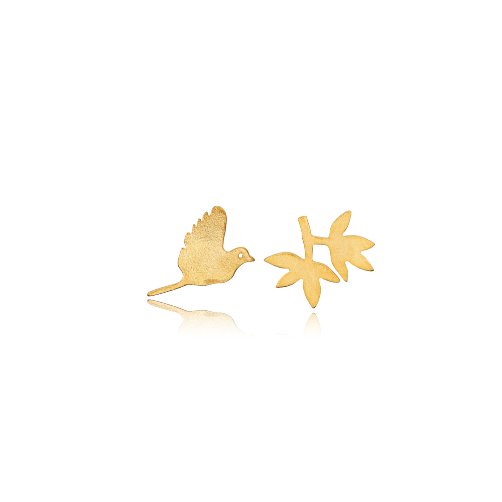 Bird and Leaf Design Sterling Silver 22K Gold Stud Earrings