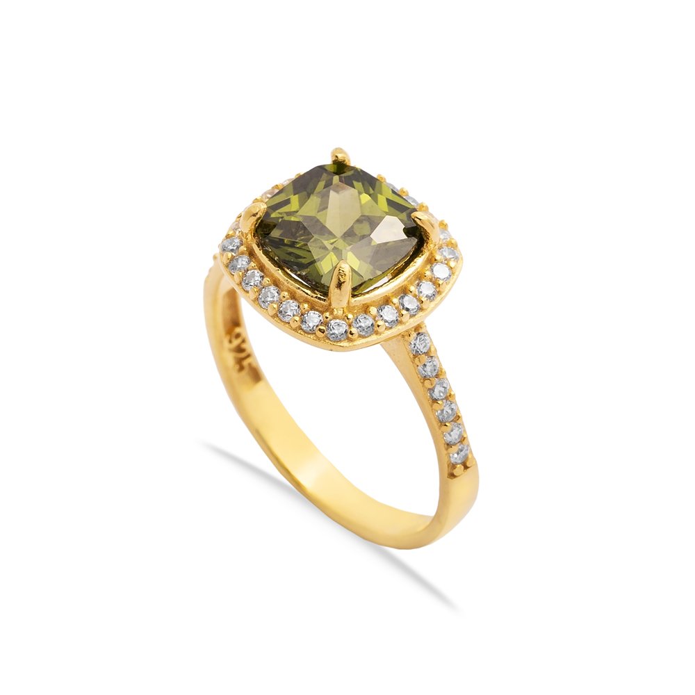 Olive Peridot CZ Square 925 Silver Cluster Women Ring
