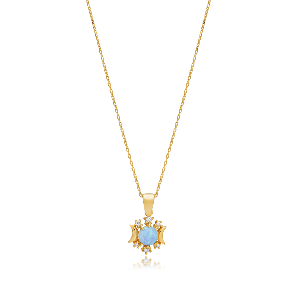 Round Blue Opal CZ Stones Silver Charm Necklace Pendant