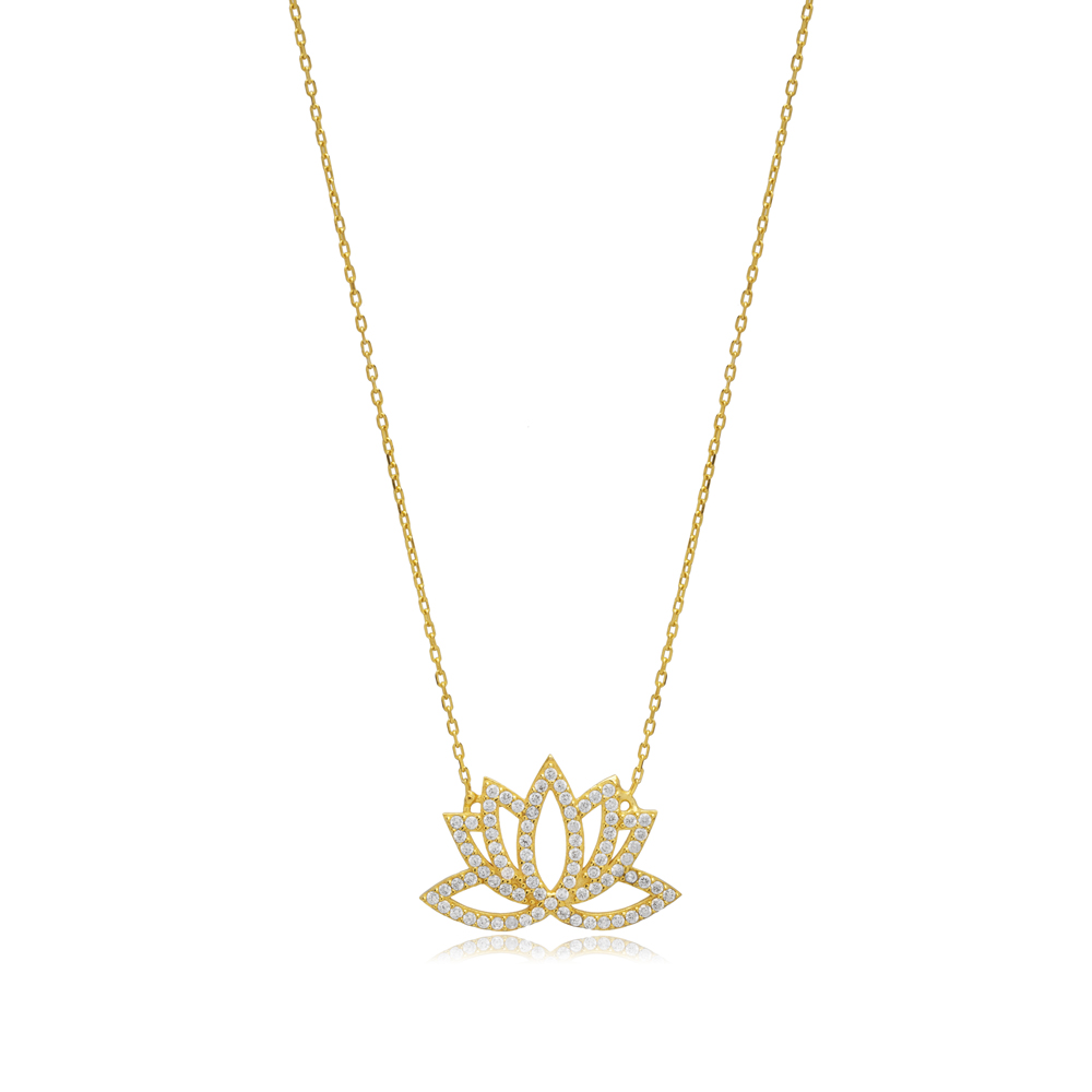 Lotus Flower Design CZ Stones Silver Charm Necklace Pendant