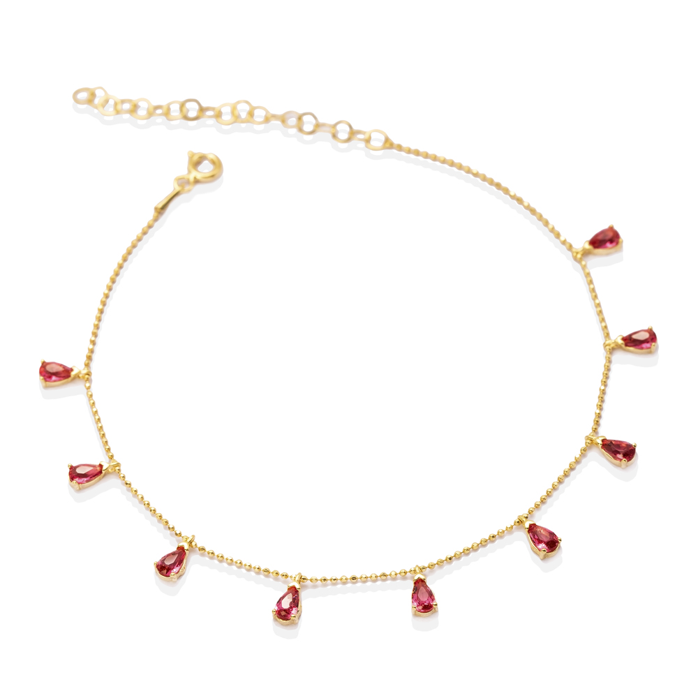 Minimalist Ruby CZ Stone Pear Shape Shaker Anklet