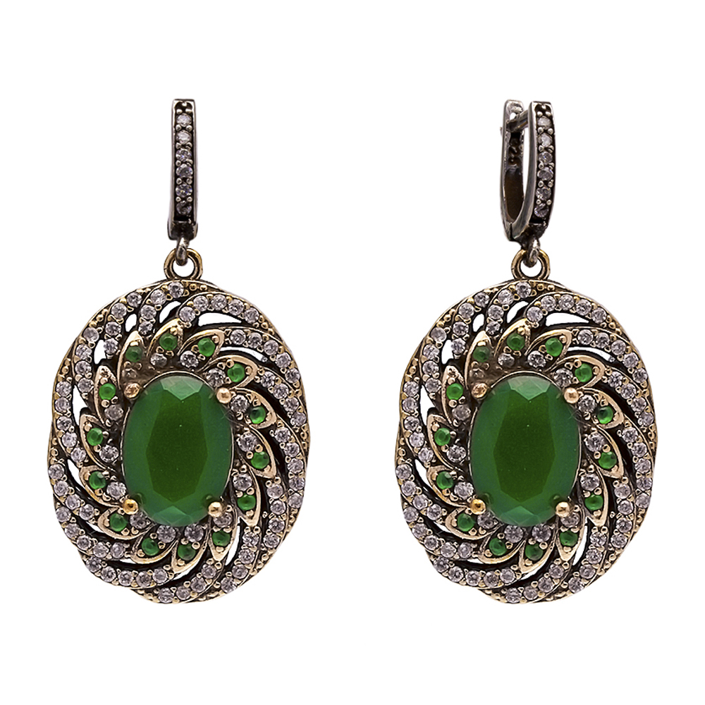 Emerald Oval CZ Authentic Turkish Dangle Earrings
