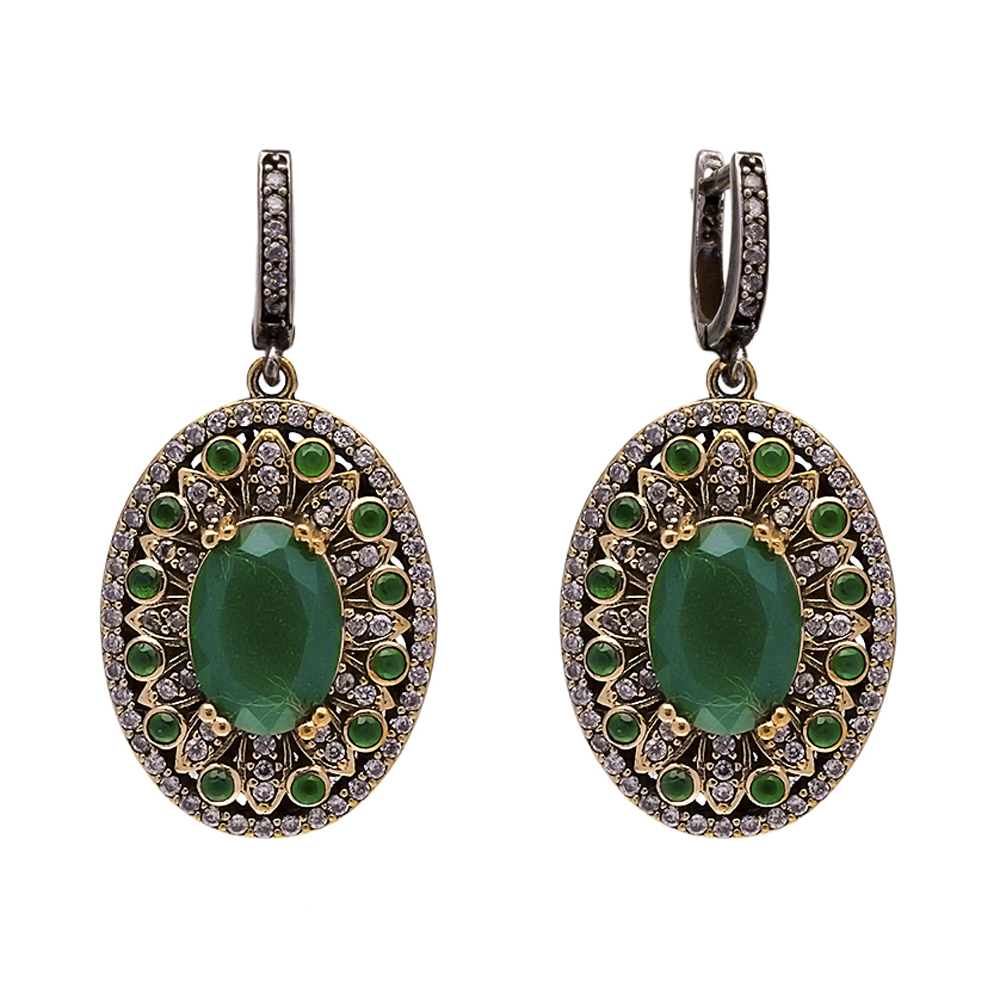 Authentic Oval Emerald CZ Turkish Dangle Earrings