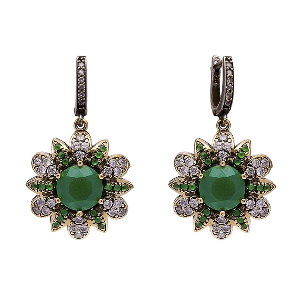 Round Flower Emerald CZ Authentic Turkish Dangle Earrings