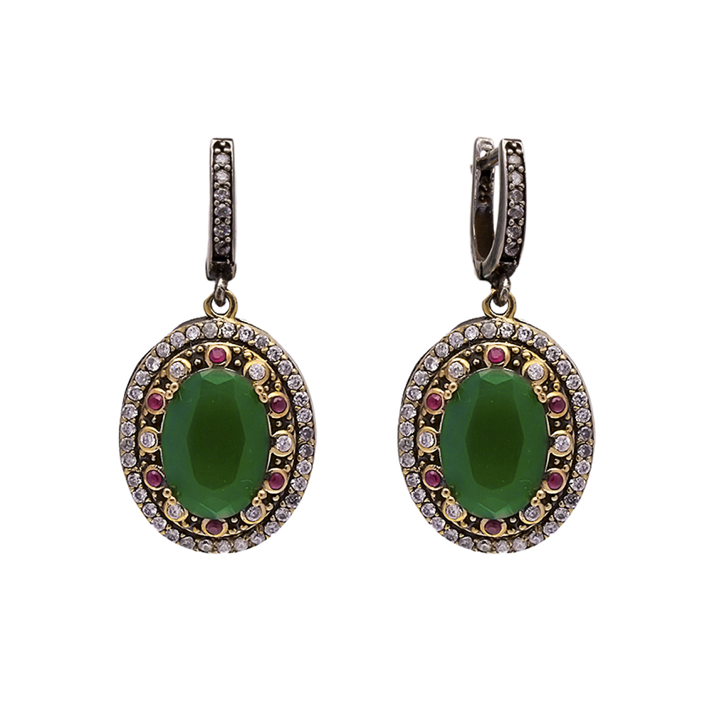 Turkish Oval Emerald CZ Authentic Turkish Dangle Earrings