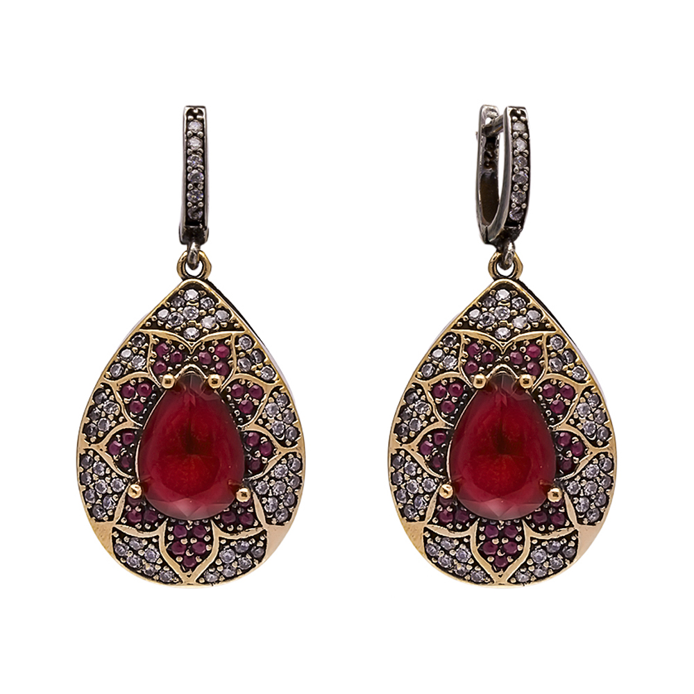 Oval Garnet CZ Authentic Turkish Dangle Earrings