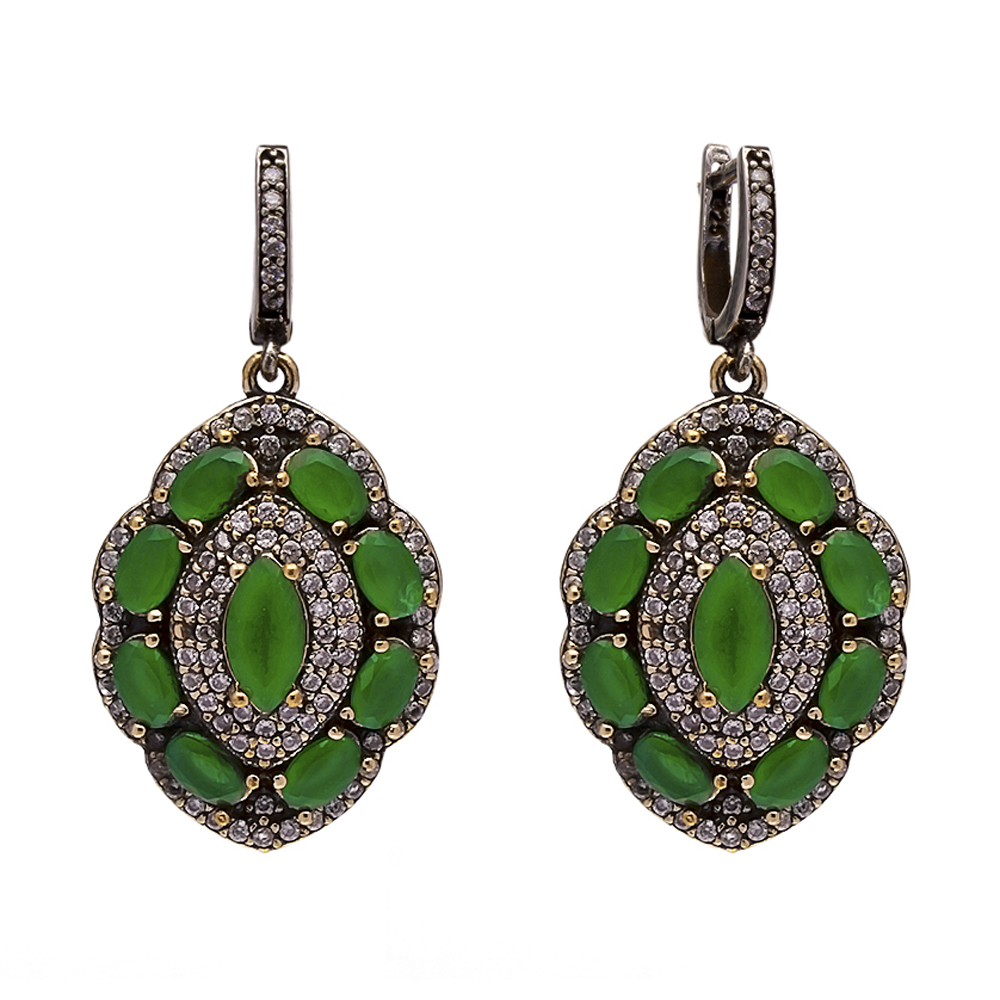 Oval Emerald CZ Turkish Authentic Dangle Earrings