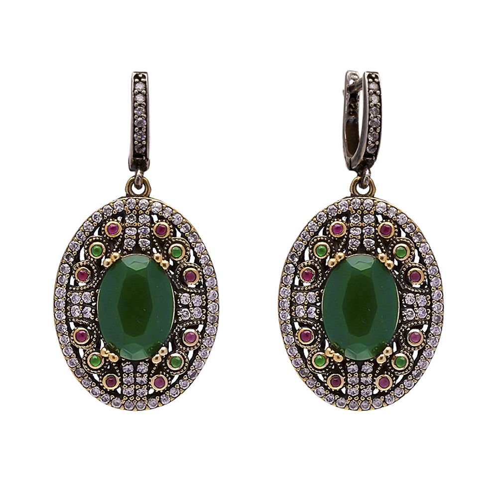 Authentic Oval Emerald CZ Turkish Dangle Earrings