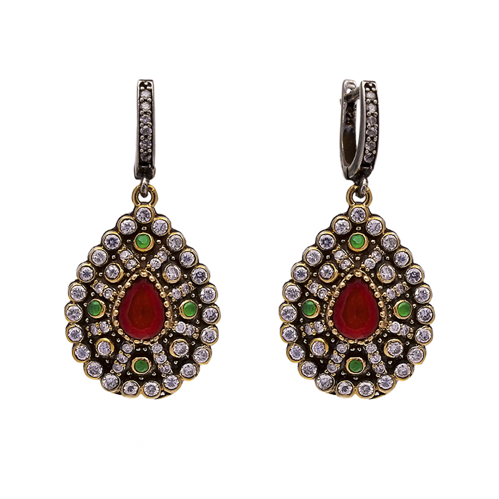 Authentic Style Garnet CZ Turkish Authentic Pear Dangle Earrings