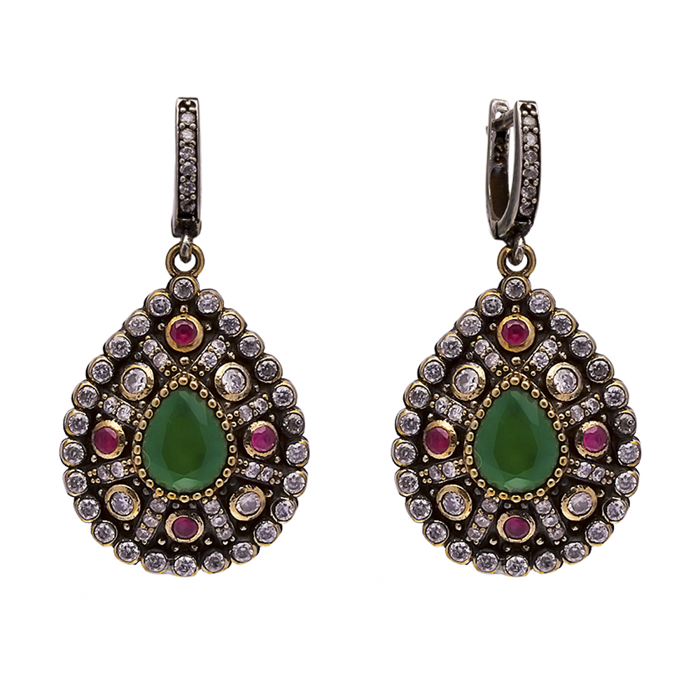 Pear Drop Emerald CZ Authentic Turkish Dangle Earrings
