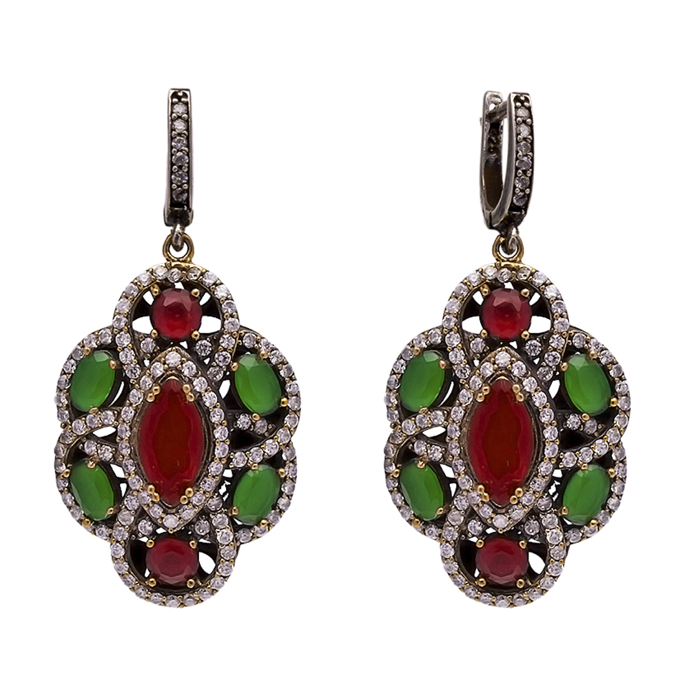 Pear Ruby CZ Authentic Turkish Dangle Earrings