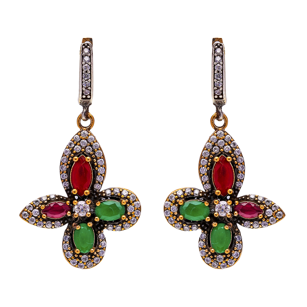 Flower Emerald Garnet CZ Authentic Turkish Dangle Earrings