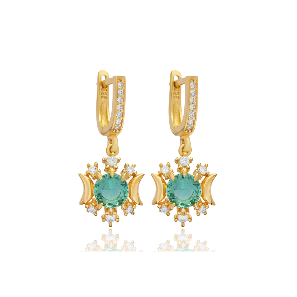 Round Emerald CZ Handmade Wholesale Silver Dangle Earrings