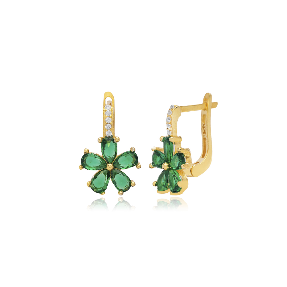 Emerald Flower Design Silver Latch Back Earrings Turkish Jewelry