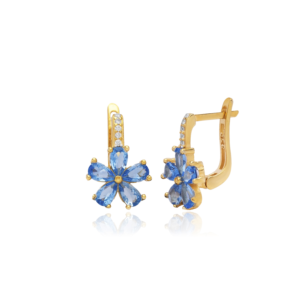 Aquamarine Flower Design Silver Latch Back Earrings Turkish Jewelry