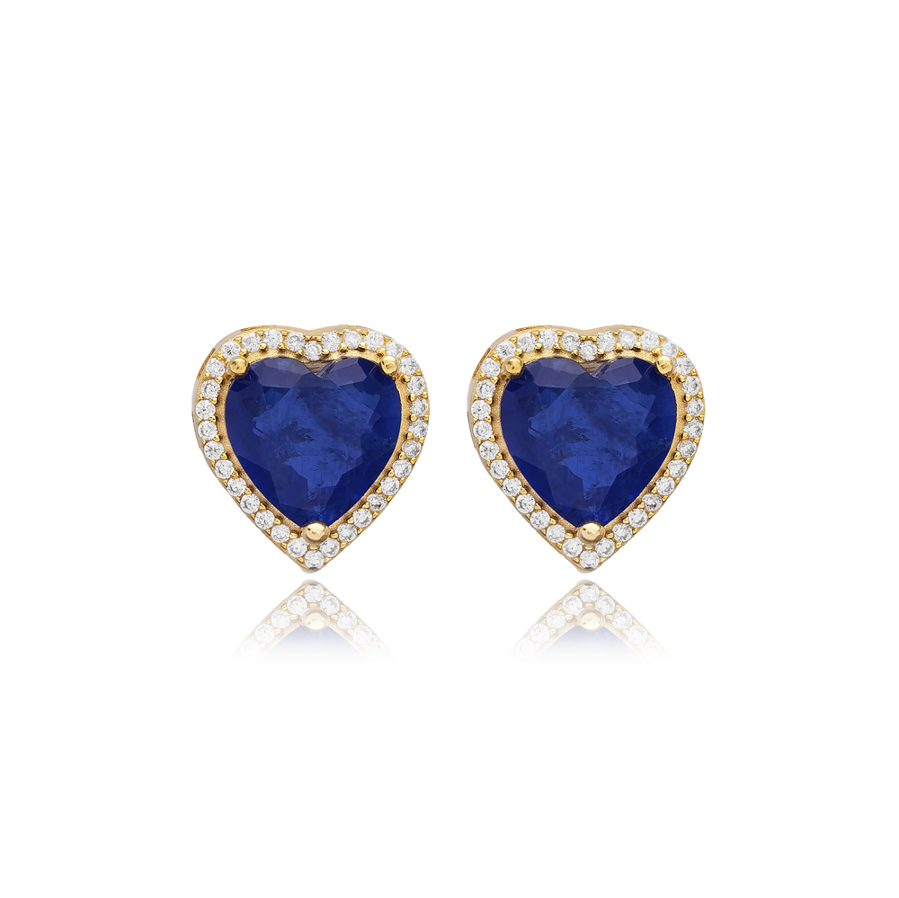 Heart Design Sapphire CZ Stone Handmade Silver Stud Earrings