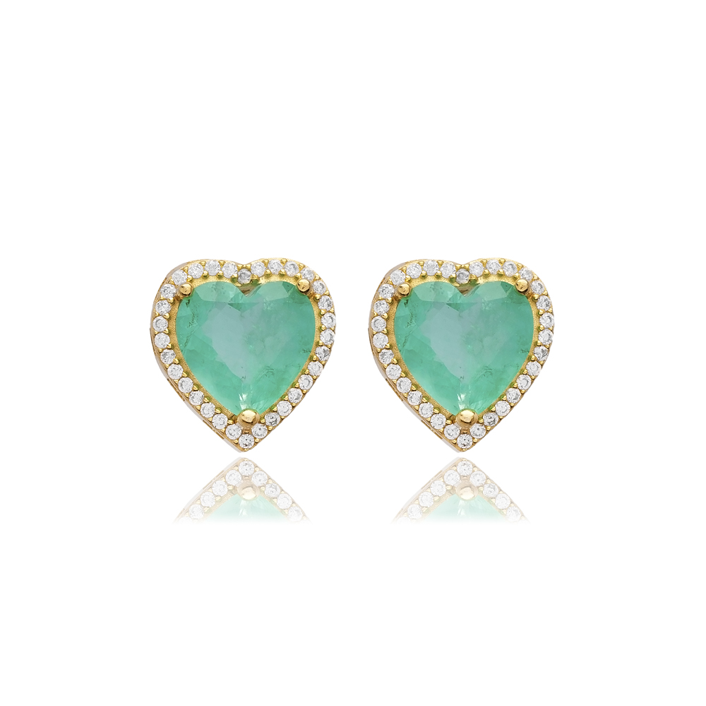 Paraiba CZ Stone Heart Design Handmade Silver Stud Earrings