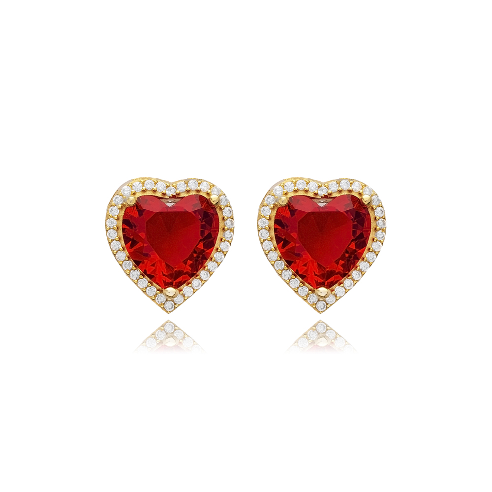 Garnet CZ Stones Heart Design Handmade 925 Silver Stud Earrings